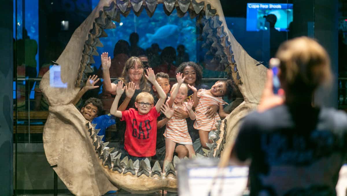 Fort Fisher Aquarium Family Picture at Megalodon Shark Exhibit