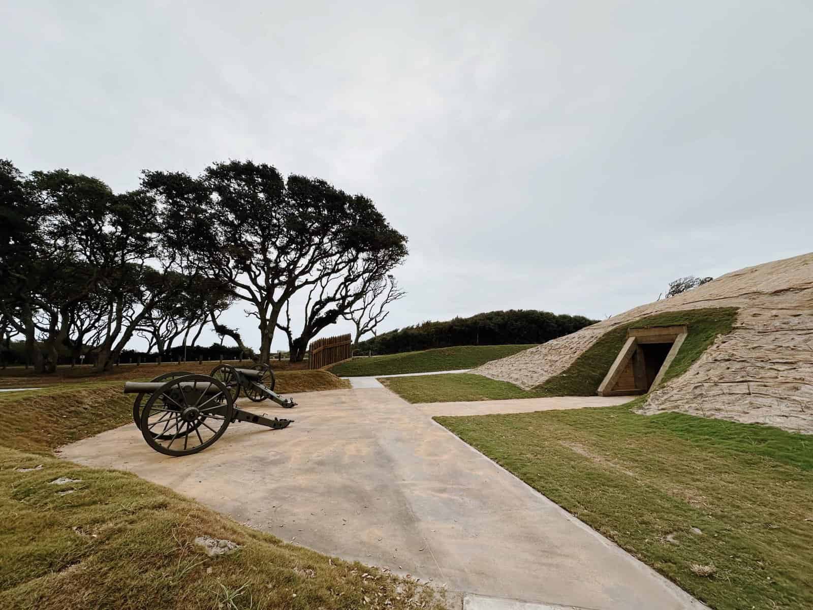 Entrance to the Earthworks in Fort Fisher North Carolina with Historic Cannons