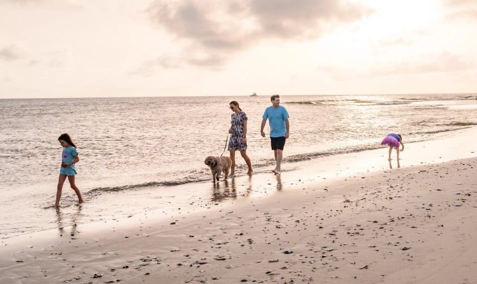 Carolina Beach Family on Beach at Sunset with Dog