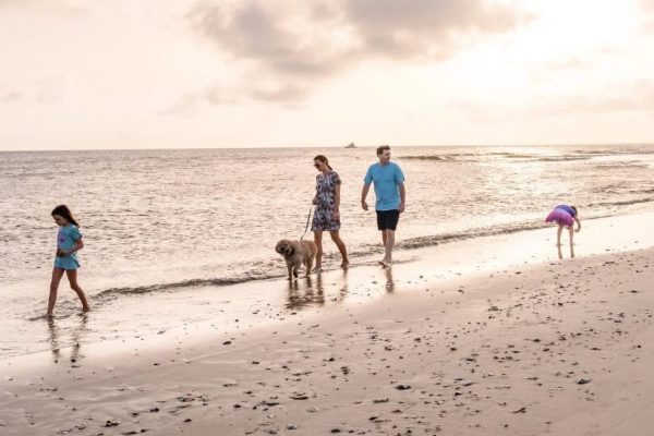 Carolina Beach Family on Beach at Sunset with Dog