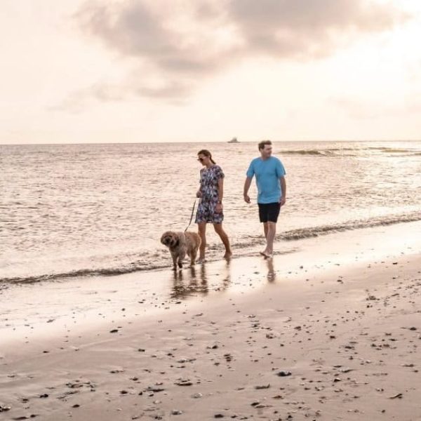 Carolina Beach Family on Beach at Sunset with Dog